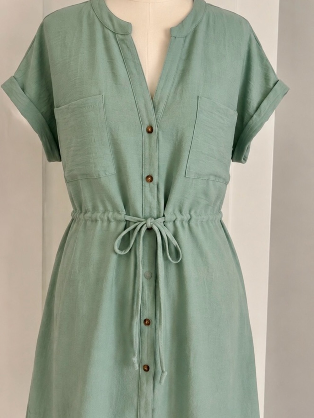 Drawstring Button-Front Midi Dress in Sage Green